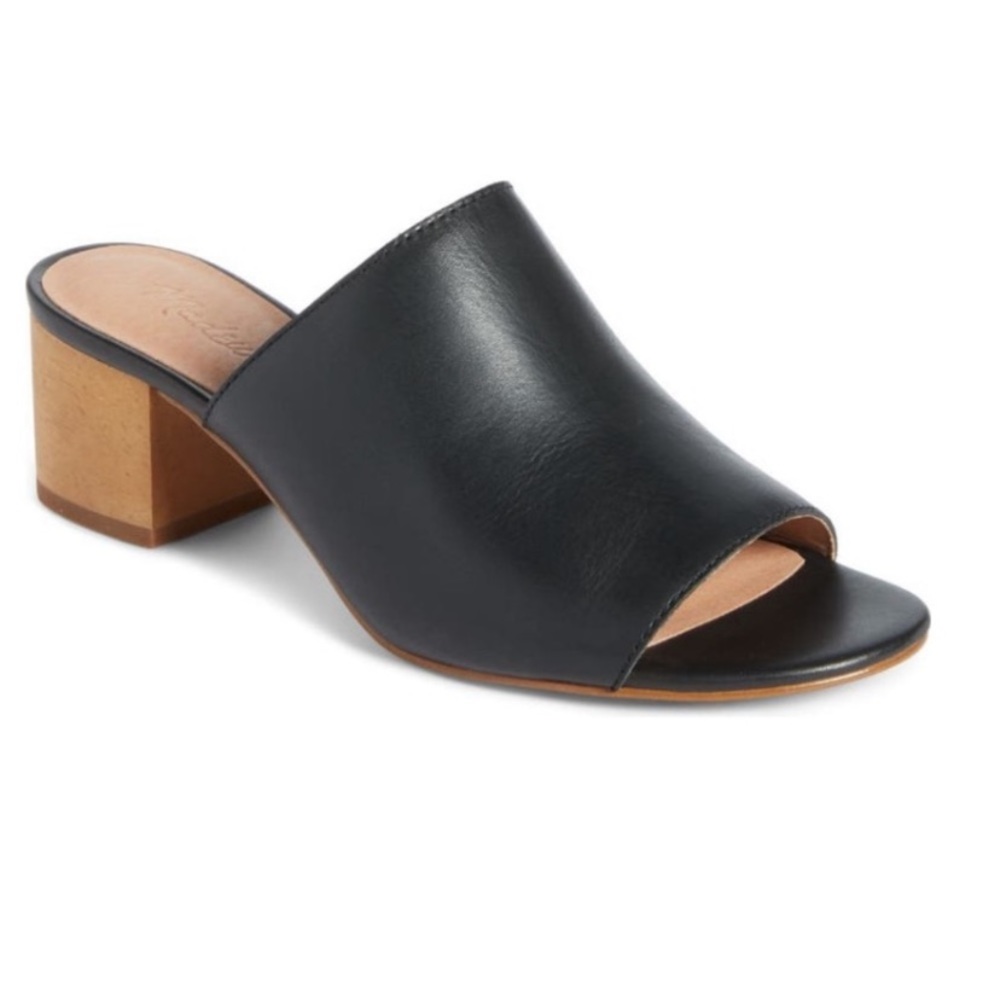 Madewell Devon Leather Mule Peep Toe 2” Heel Slide Black 6